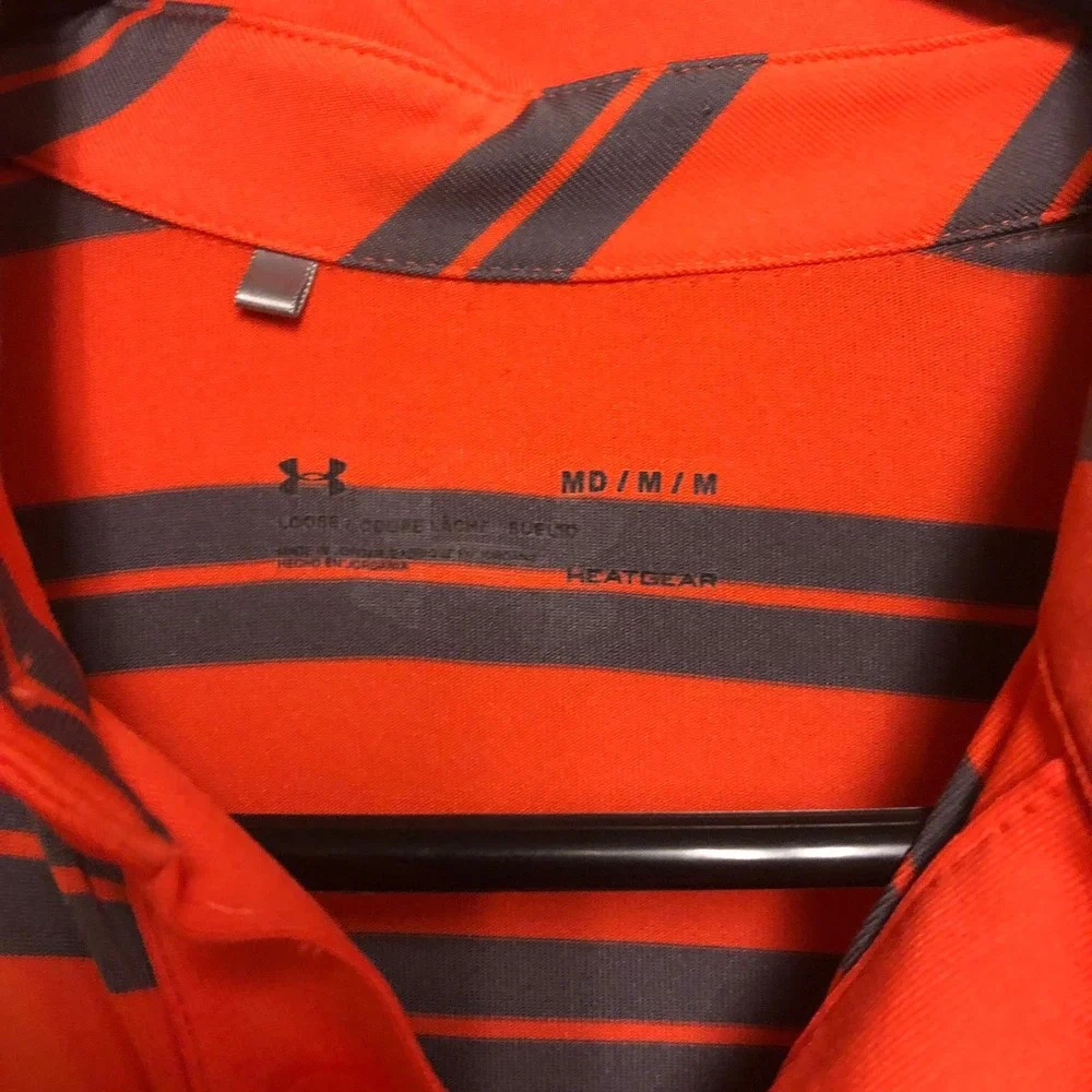 Under‎ Armour Mens Medium HeatGear Polo Shirt Orange Gray Striped Golf Athletic
